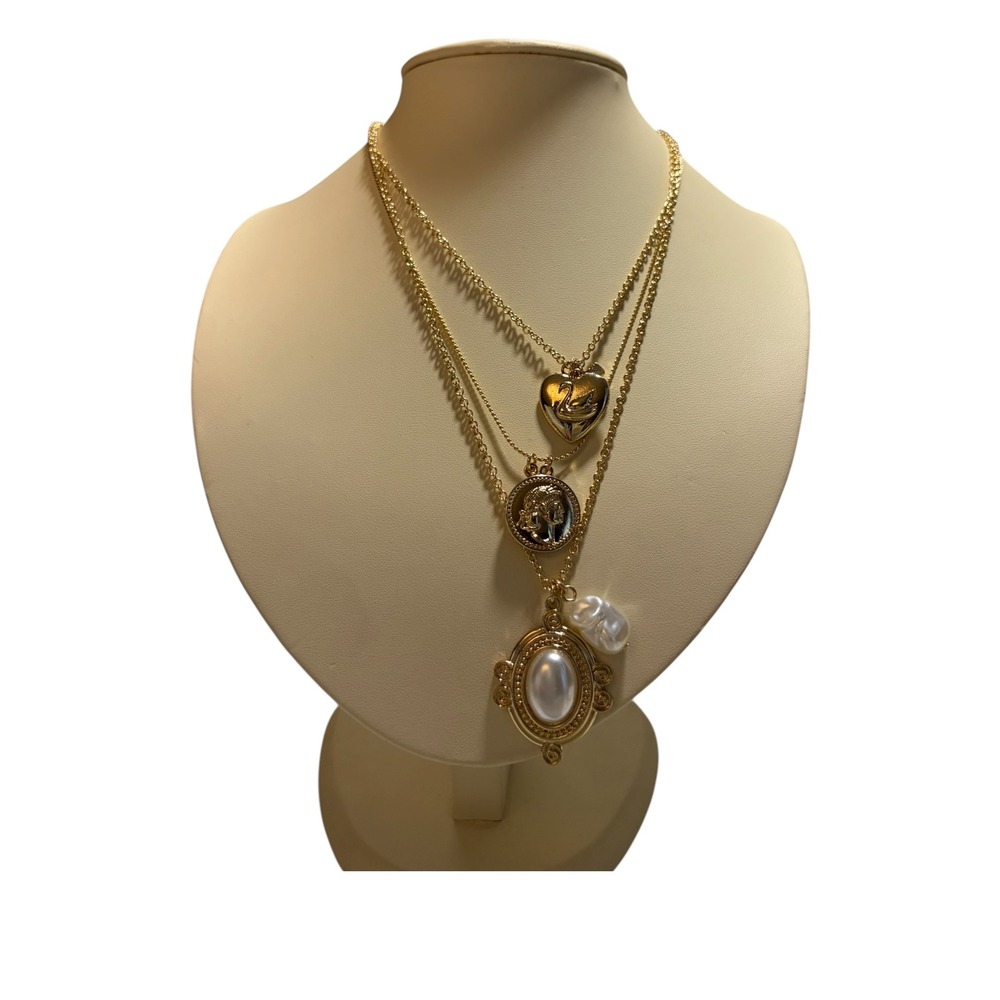 Francesca's Gold Layered Necklace Heart Swan Coin Faux Pearl Multi Strand NEW
